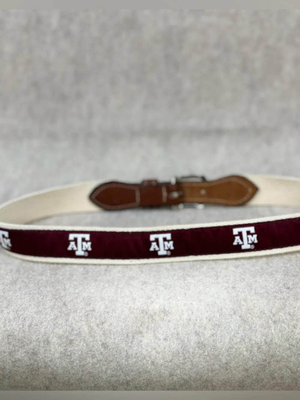 Texas A&M Brown Leather Belt with Maroon A&M Logo detail and Silver Buckle Sz 26